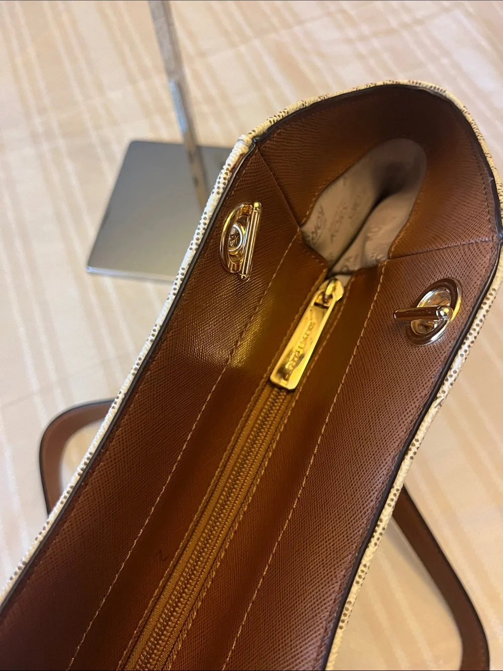 Michael Kors Beige MK Signature Tote with Tan Leather & Gold-Tone Hardware